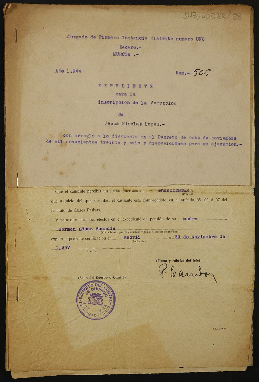 Expediente 506/1944 del Juzgado de Primera Instancia de Murcia para la inscripción en el Registro Civil por la desaparición en el frente de Jesús Nicolás López.
